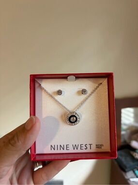 Nine West Silver Necklace and Earring Set with Black Center Stone